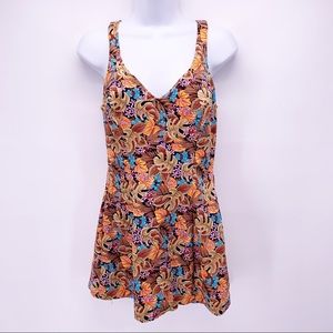 VINTAGE 70s Floral Boho Swimsuit Dress Size 16. Measures 30.5 shoulder to crotch